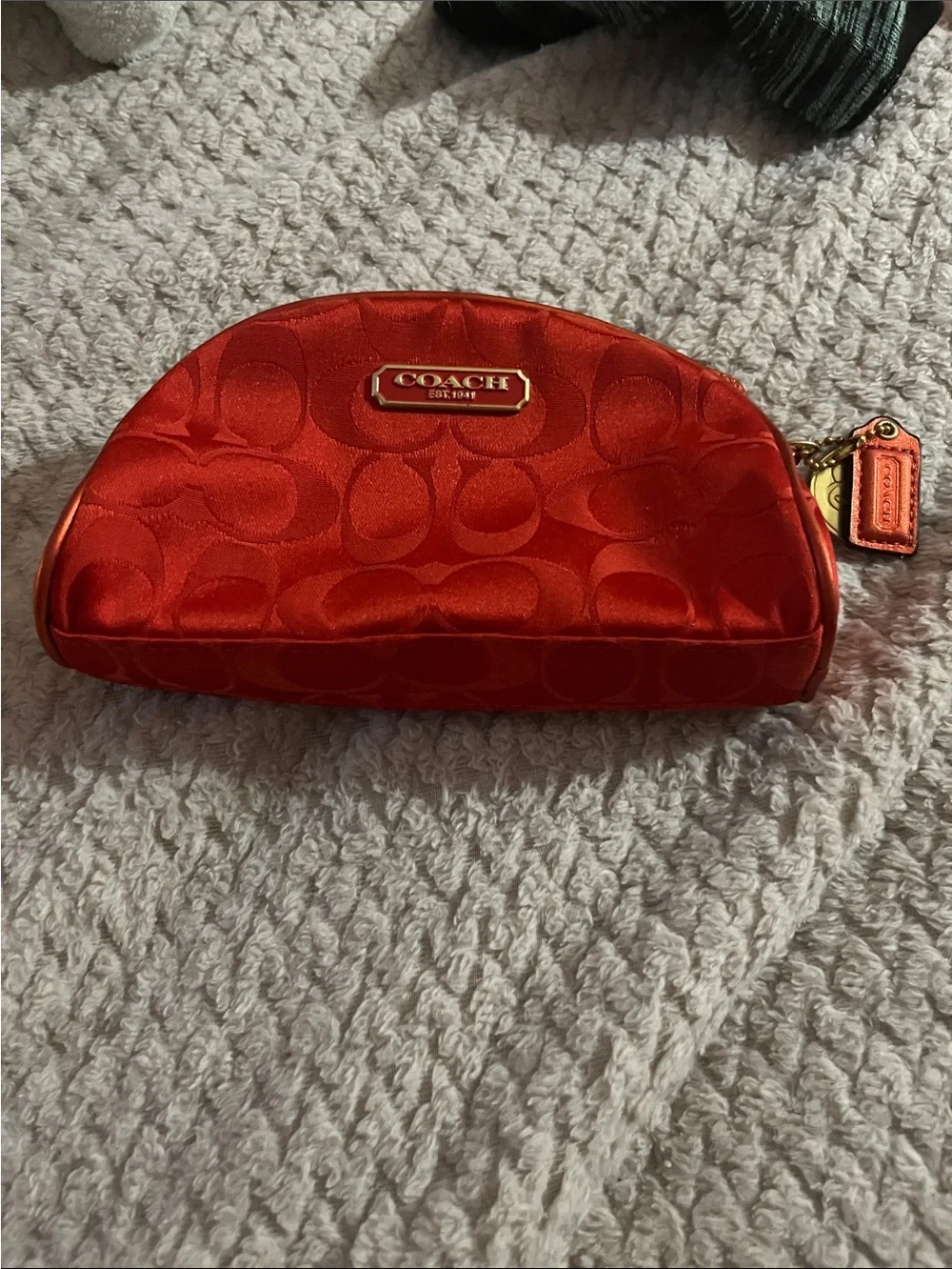COACH Red Satin Signature Cosmetic Pouch with Gold Plaque Estée Lauder edition